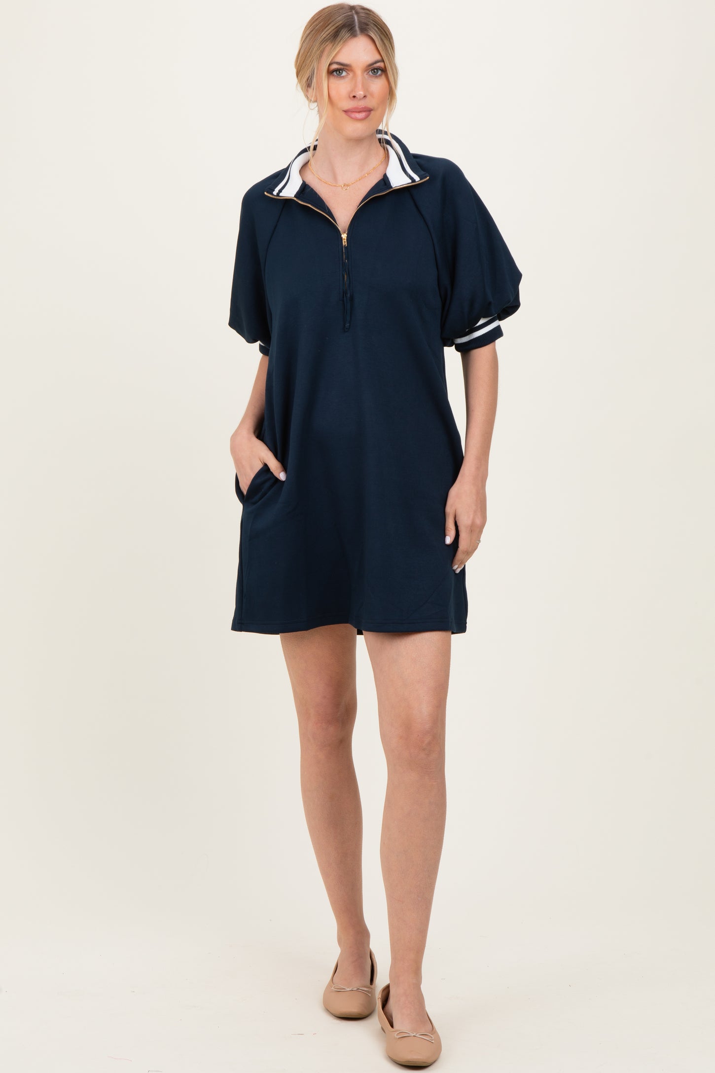 Navy Half Zip Puff Sleeve Mini Dress
