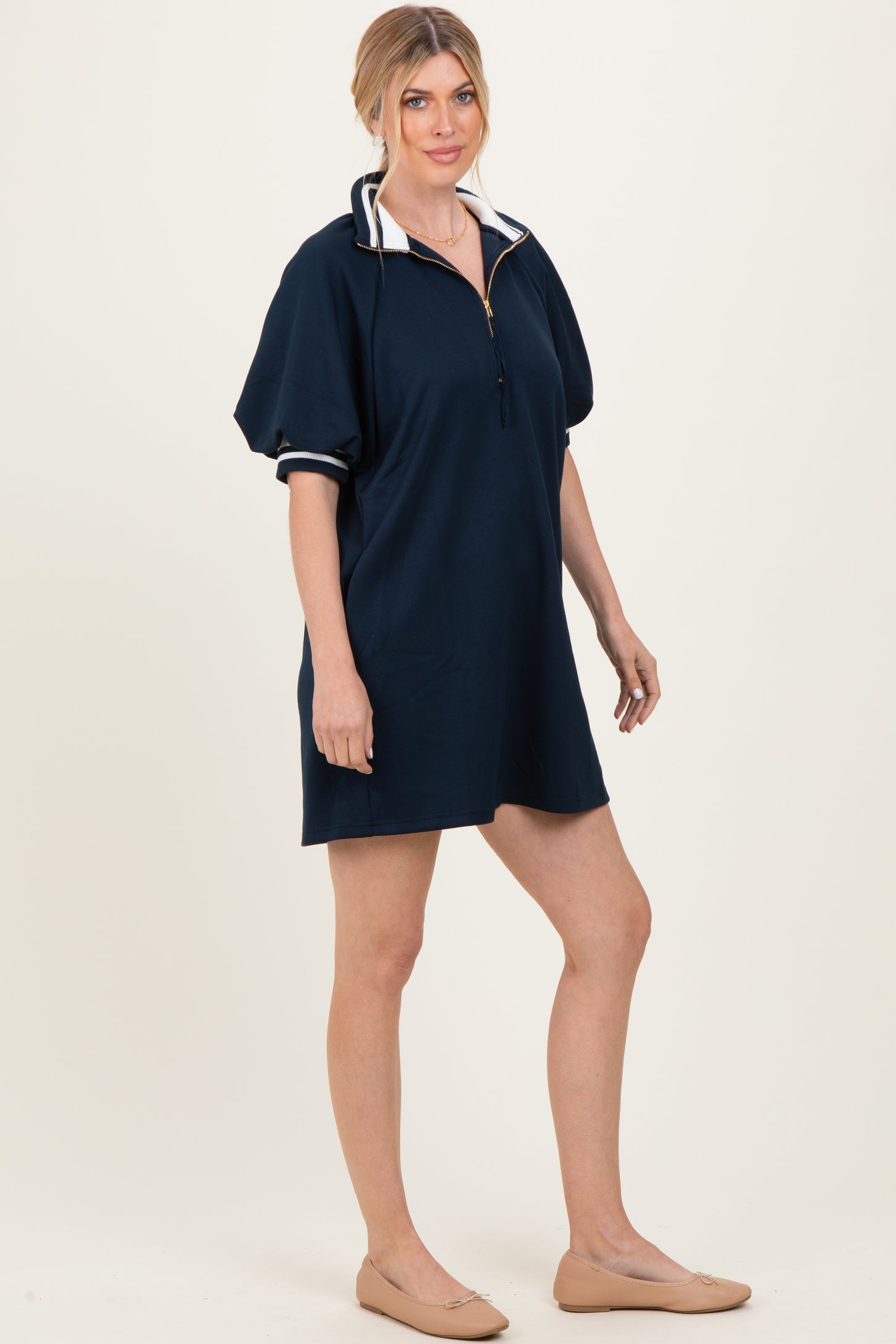 Navy Half Zip Puff Sleeve Mini Dress