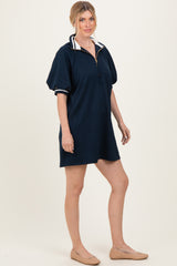 Navy Half Zip Puff Sleeve Mini Dress