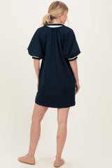 Navy Half Zip Puff Sleeve Mini Dress