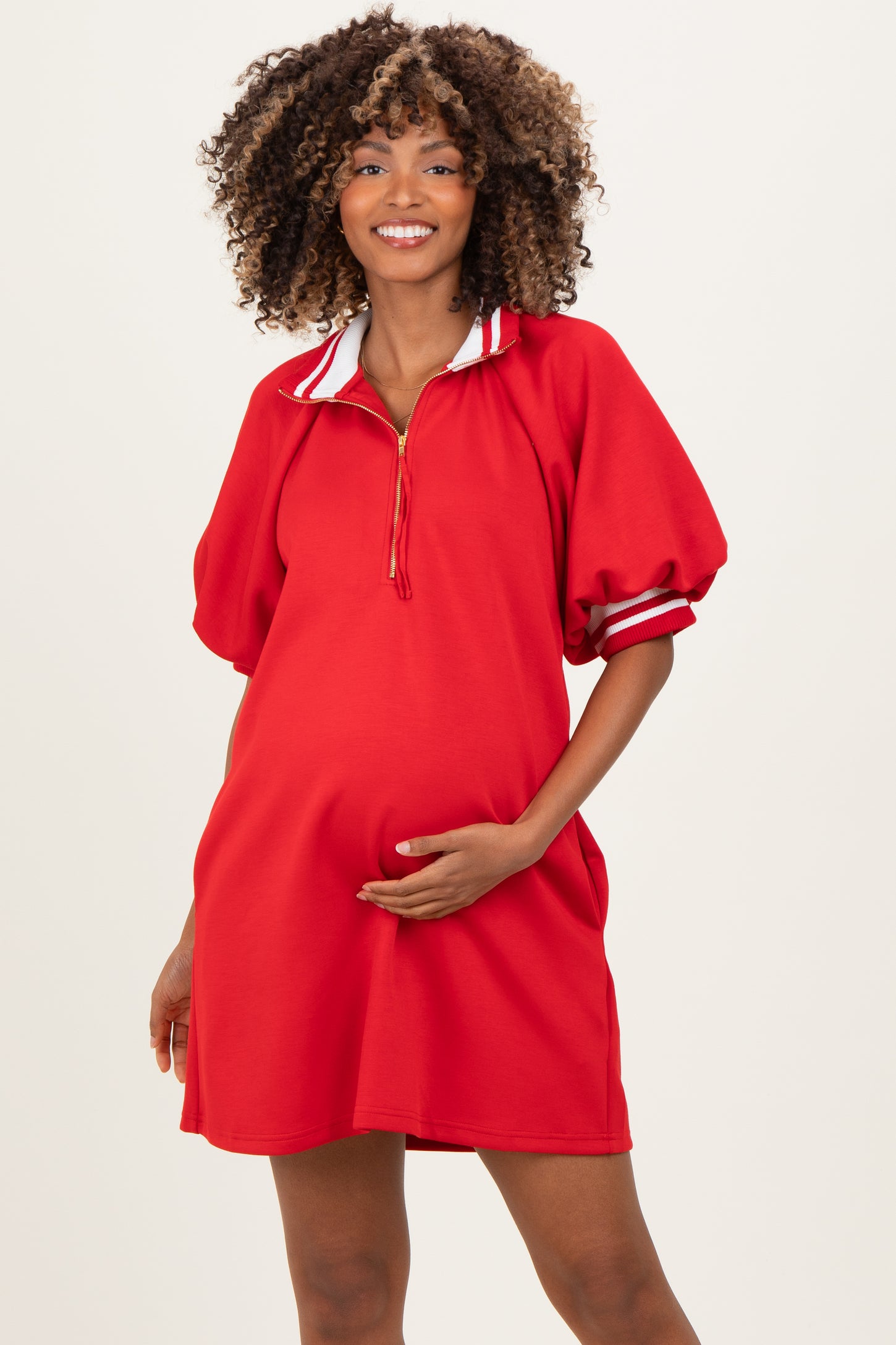 Red Half Zip Puff Sleeve Maternity Mini Dress