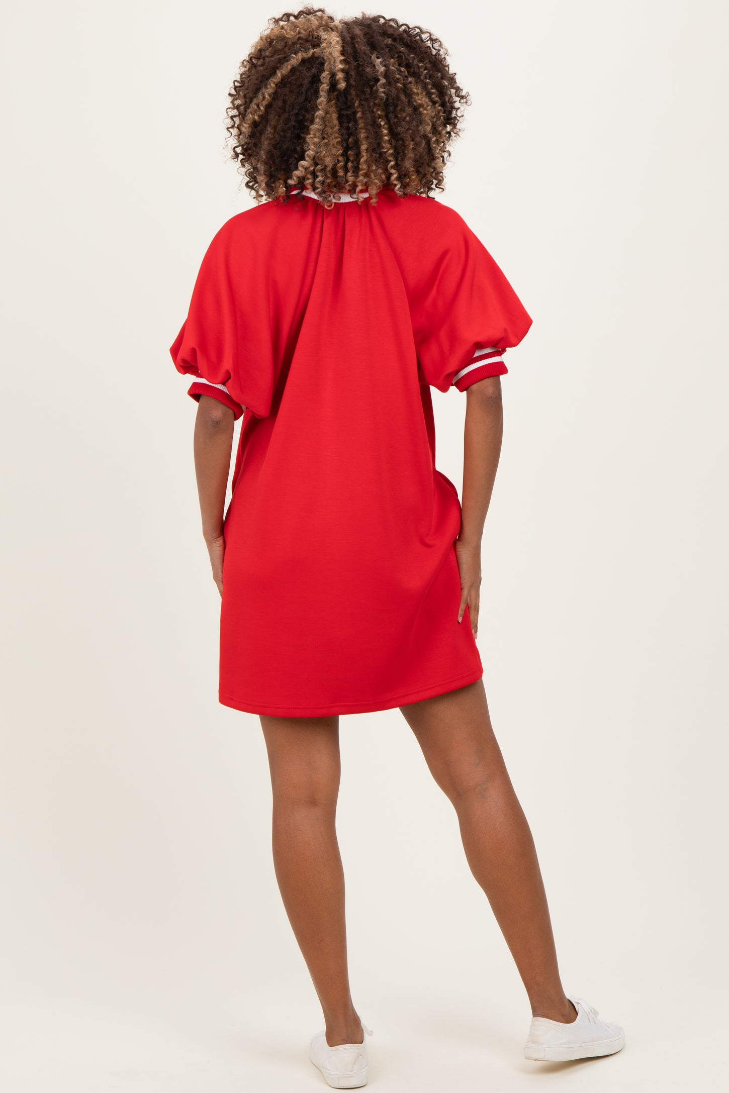 Red Half Zip Puff Sleeve Maternity Mini Dress