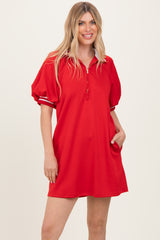 Red Half Zip Puff Sleeve Mini Dress