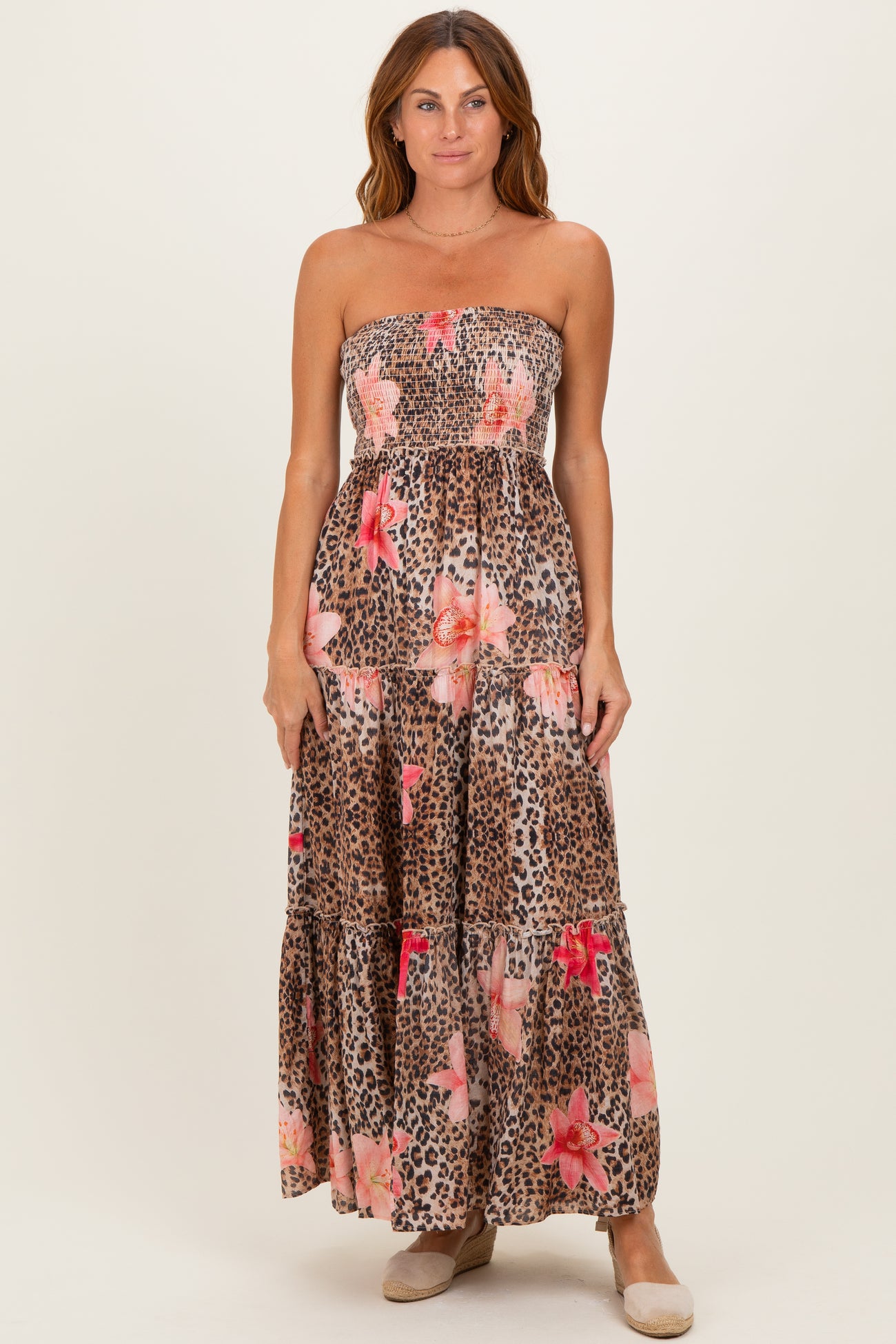 Mocha Animal Print Floral Smocked Strapless Maternity Maxi Dress