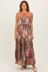 Mocha Animal Print Floral Smocked Strapless Maternity Maxi Dress