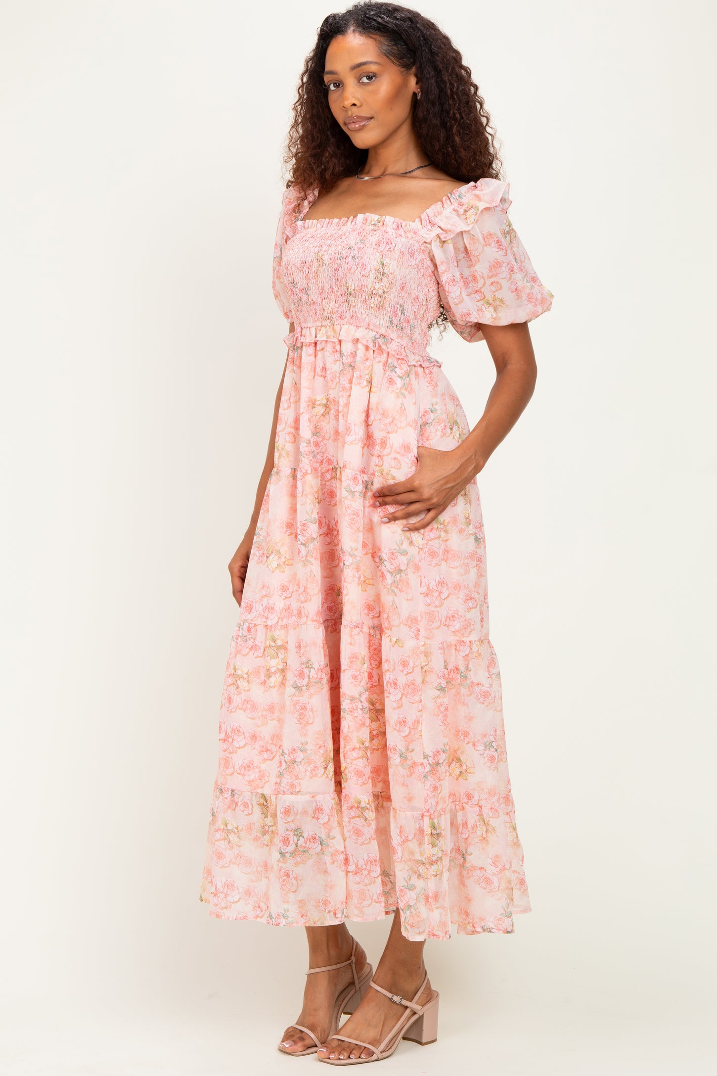 Pink Floral Chiffon Smocked Maxi Dress