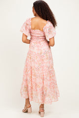 Pink Floral Chiffon Smocked Maxi Dress