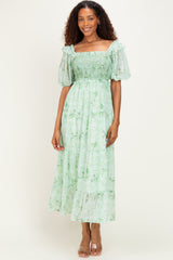 Mint Floral Chiffon Smocked Maxi Dress