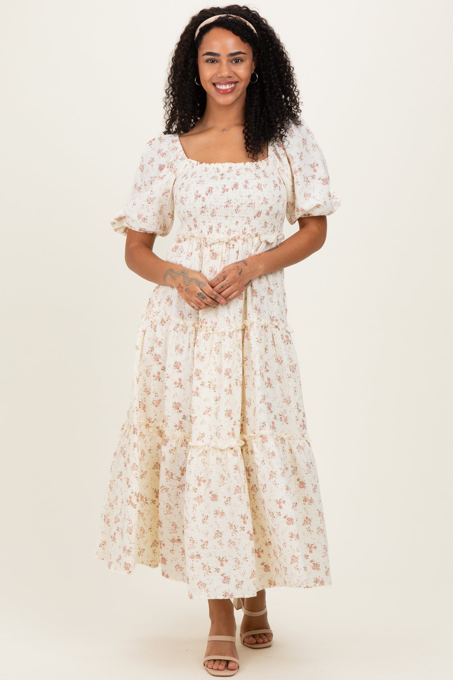 Ivory Rose Floral Smocked Maternity Maxi Dress