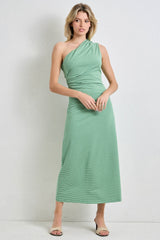 Green Striped One Shoulder Maternity Midi Dress
