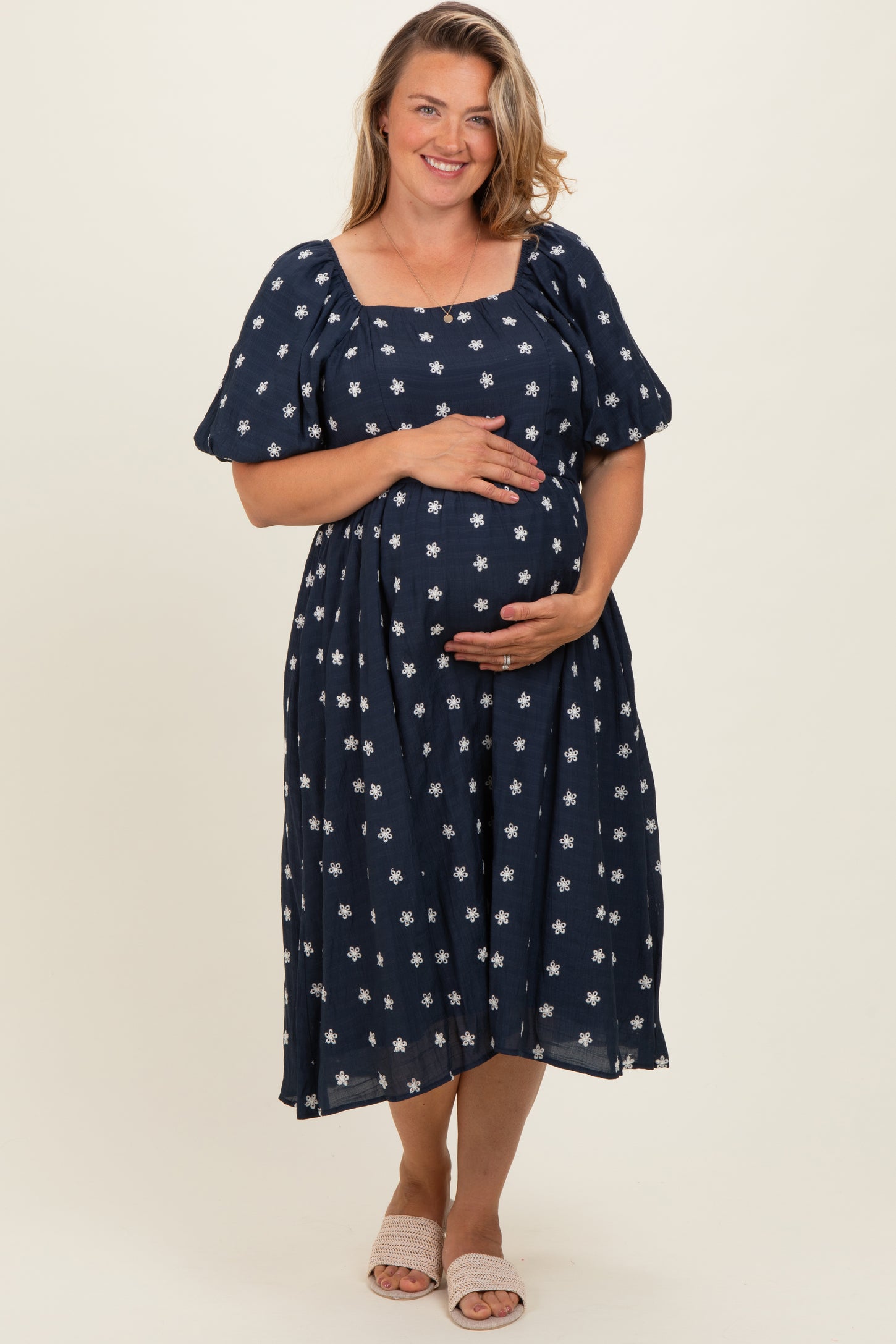 Navy Blue Floral Embroidered Short Sleeve Maternity Plus Dress