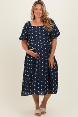 Navy Blue Floral Embroidered Short Sleeve Maternity Plus Dress