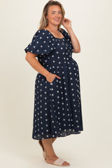 Navy Blue Floral Embroidered Short Sleeve Maternity Plus Dress