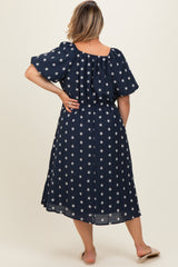 Navy Blue Floral Embroidered Short Sleeve Maternity Plus Dress