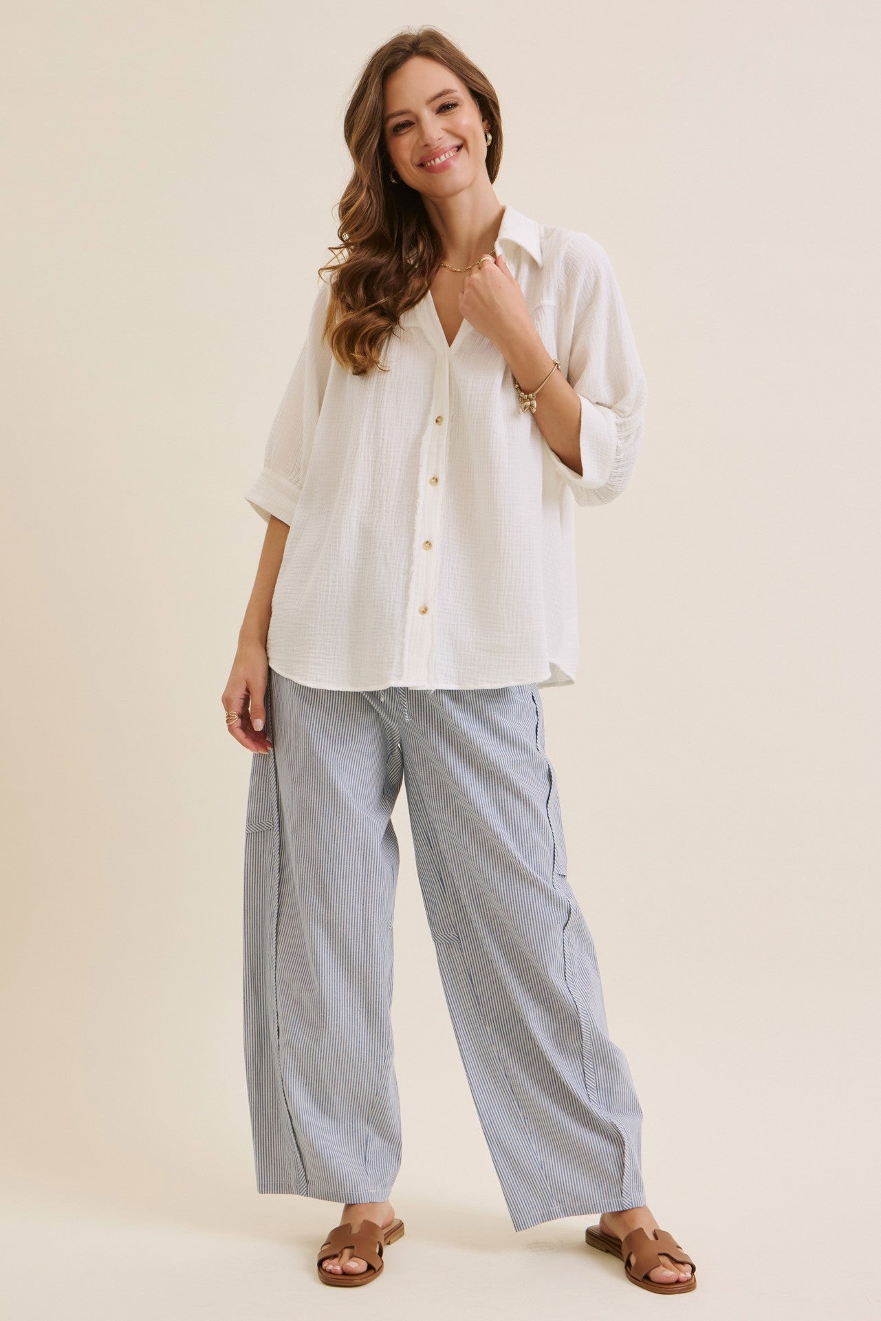 Ocean Blue Striped Cotton Barrel Leg Pants