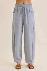 Ocean Blue Striped Cotton Barrel Leg Pants