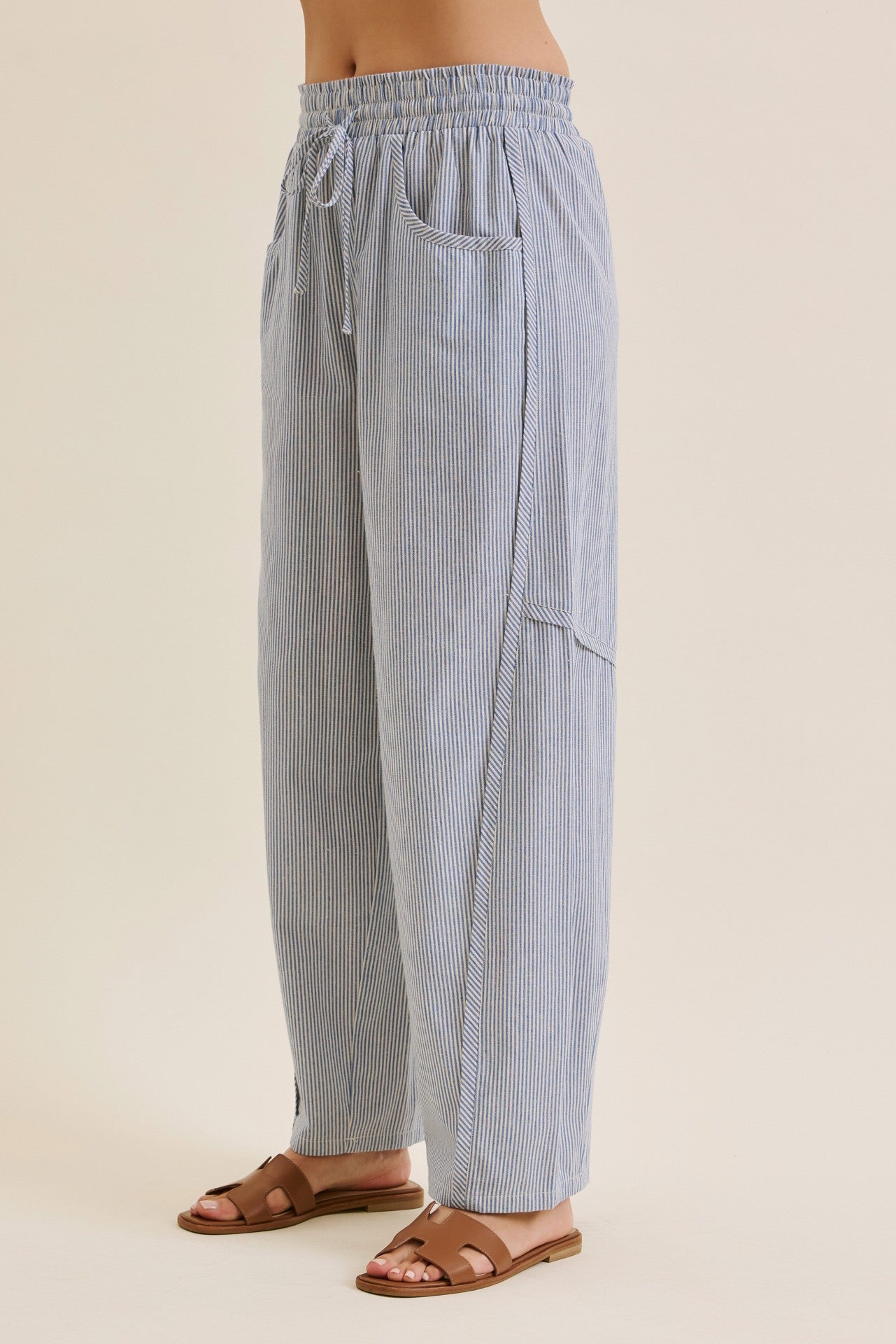 Ocean Blue Striped Cotton Barrel Leg Pants