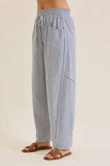 Ocean Blue Striped Cotton Barrel Leg Pants