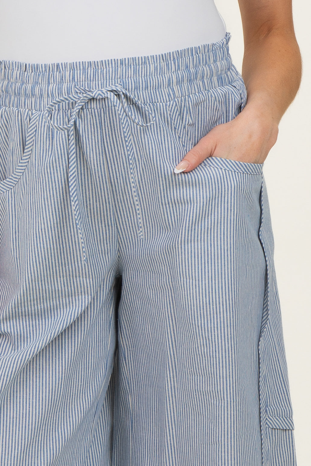 Ocean Blue Striped Cotton Barrel Leg Maternity Pants