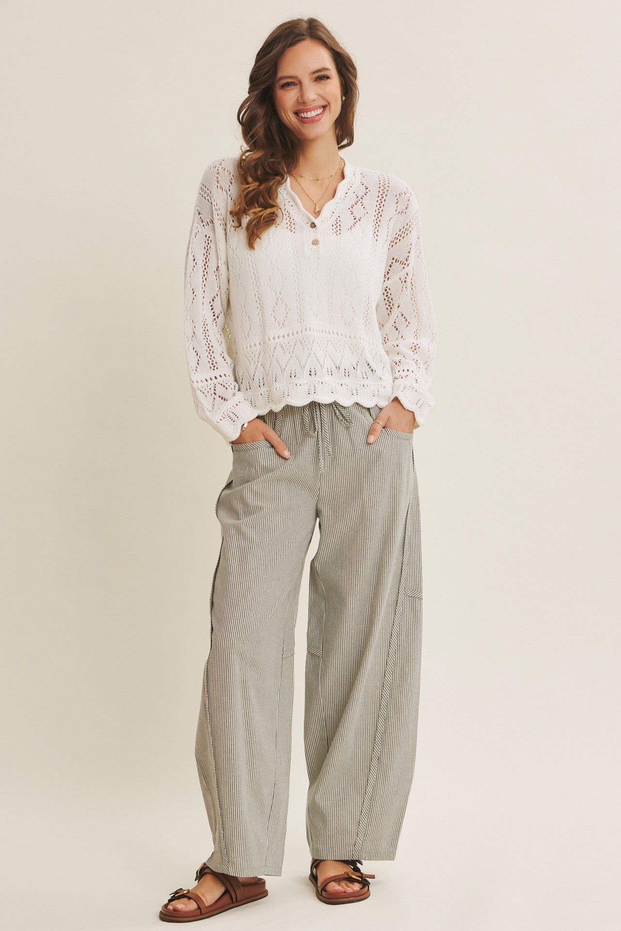 Olive Green Striped Cotton Barrel Leg Pants