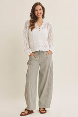 Olive Green Striped Cotton Barrel Leg Pants