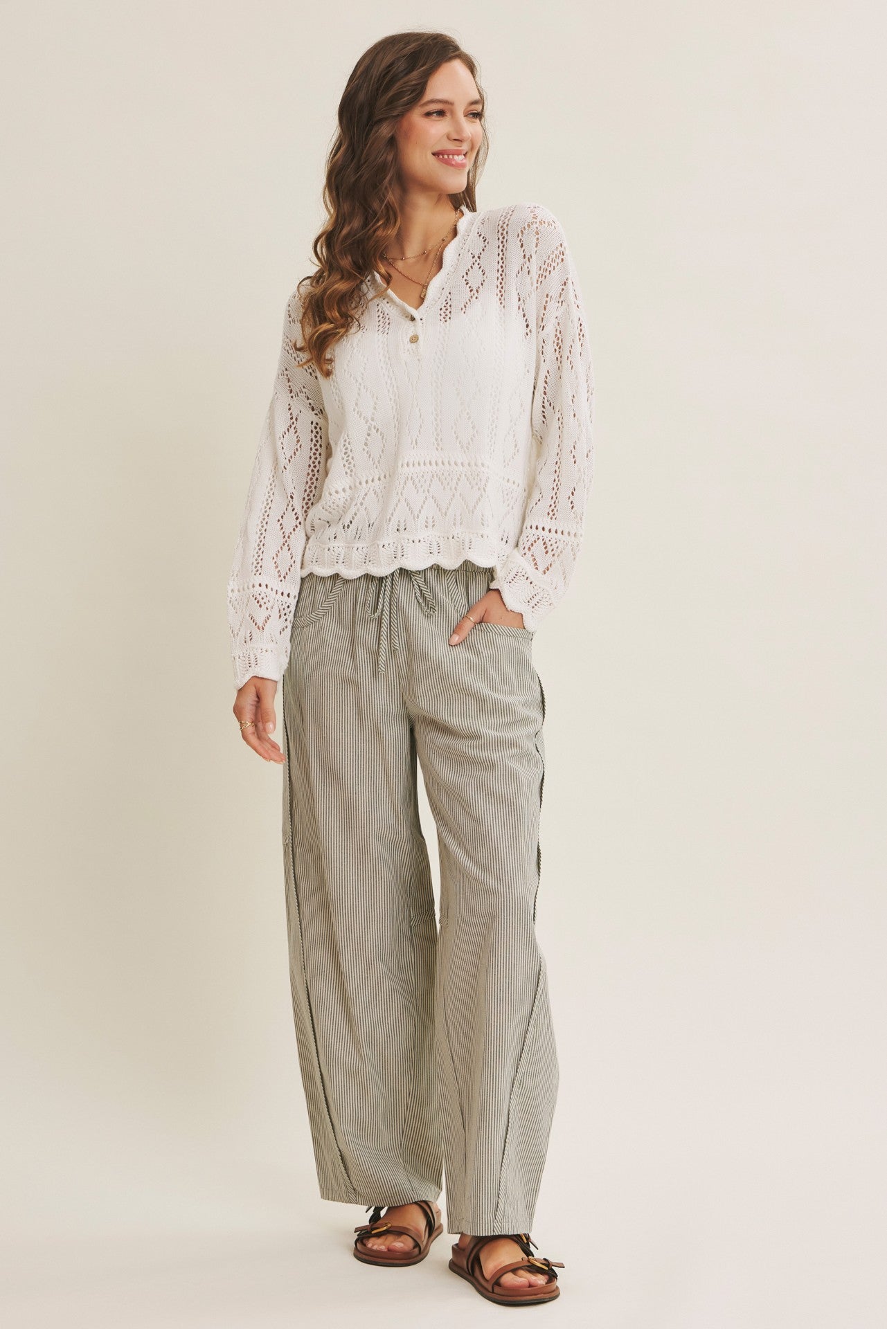 Olive Green Striped Cotton Barrel Leg Pants