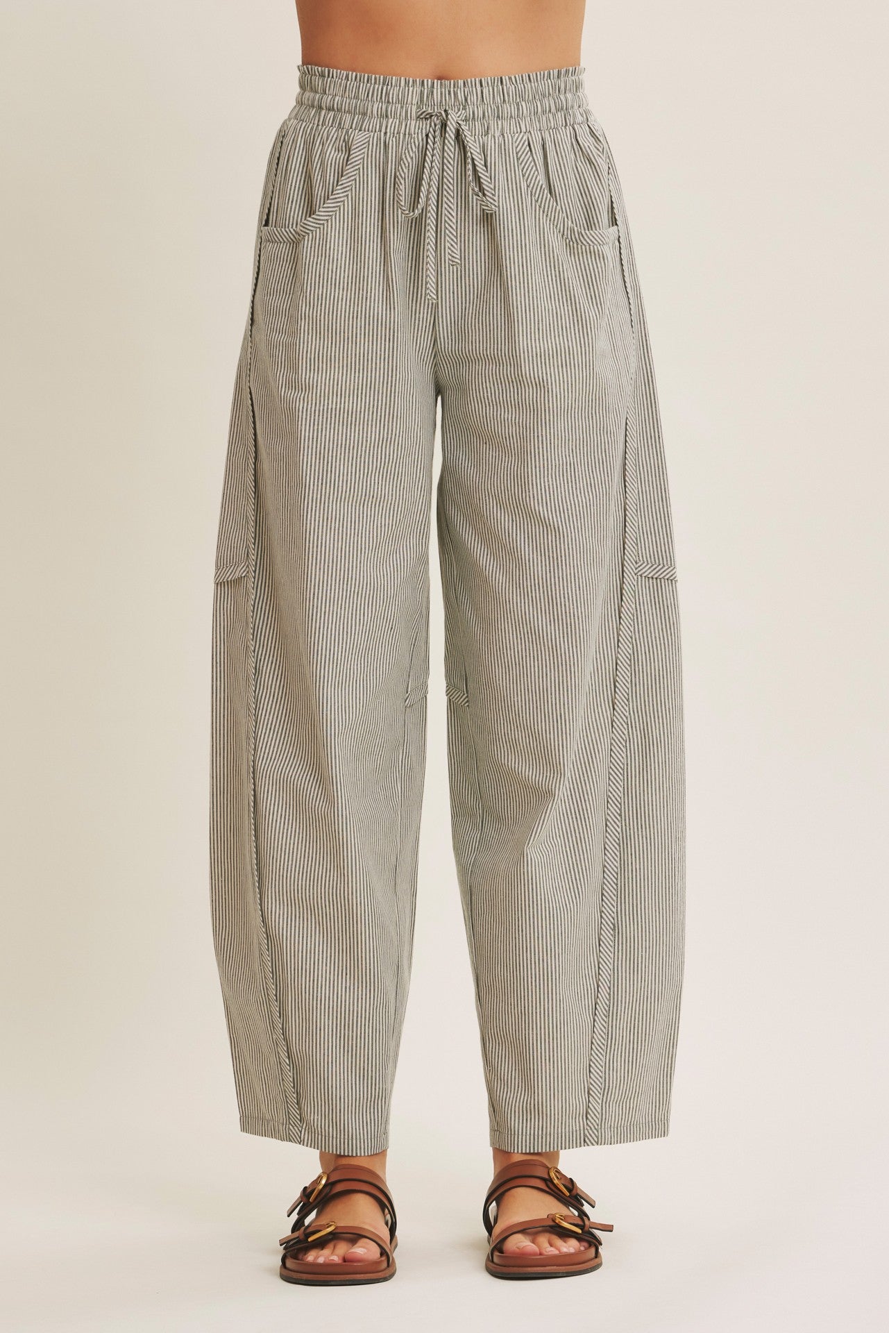Olive Green Striped Cotton Barrel Leg Pants