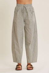 Olive Green Striped Cotton Barrel Leg Pants