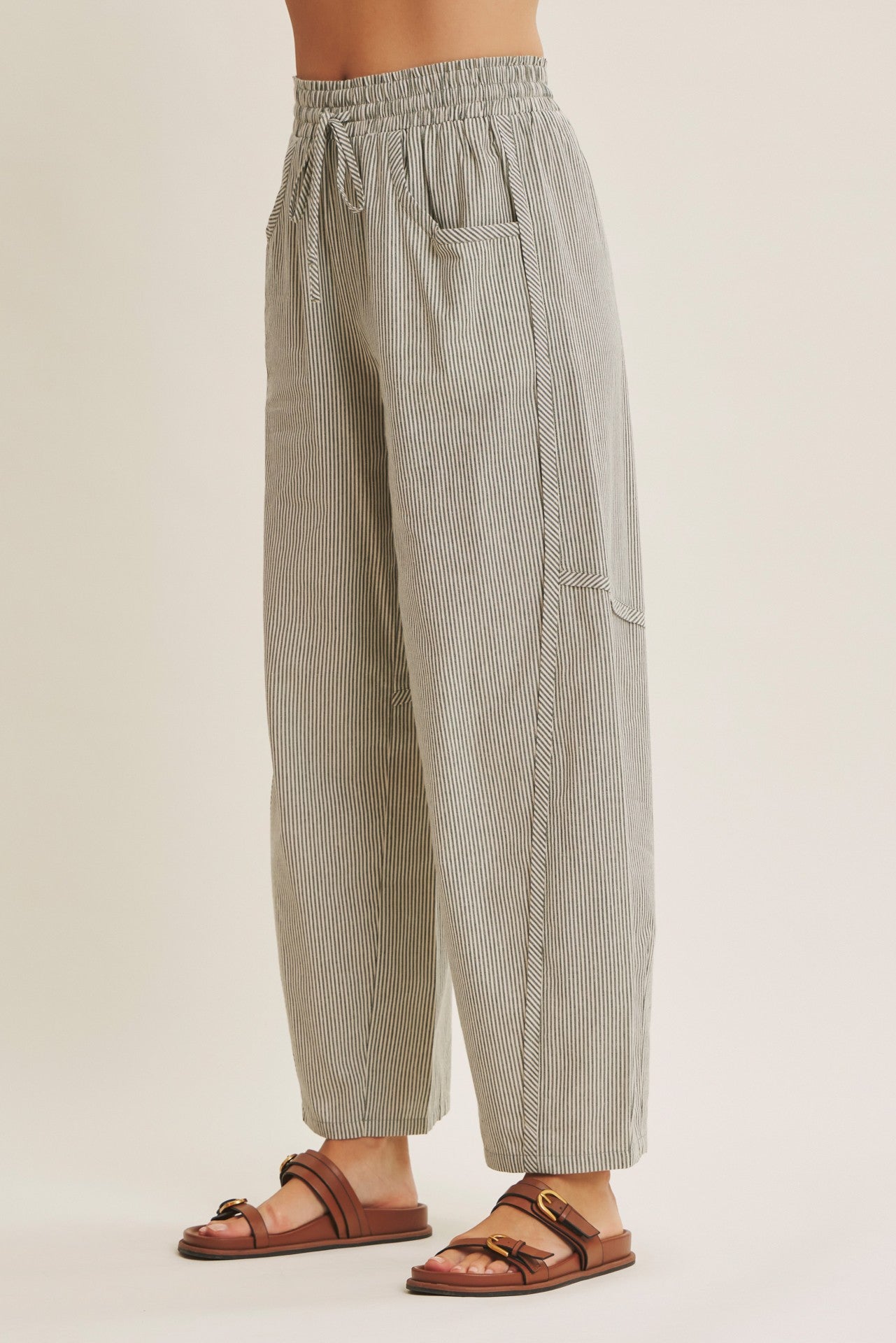Olive Green Striped Cotton Barrel Leg Pants