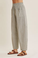 Olive Green Striped Cotton Barrel Leg Pants