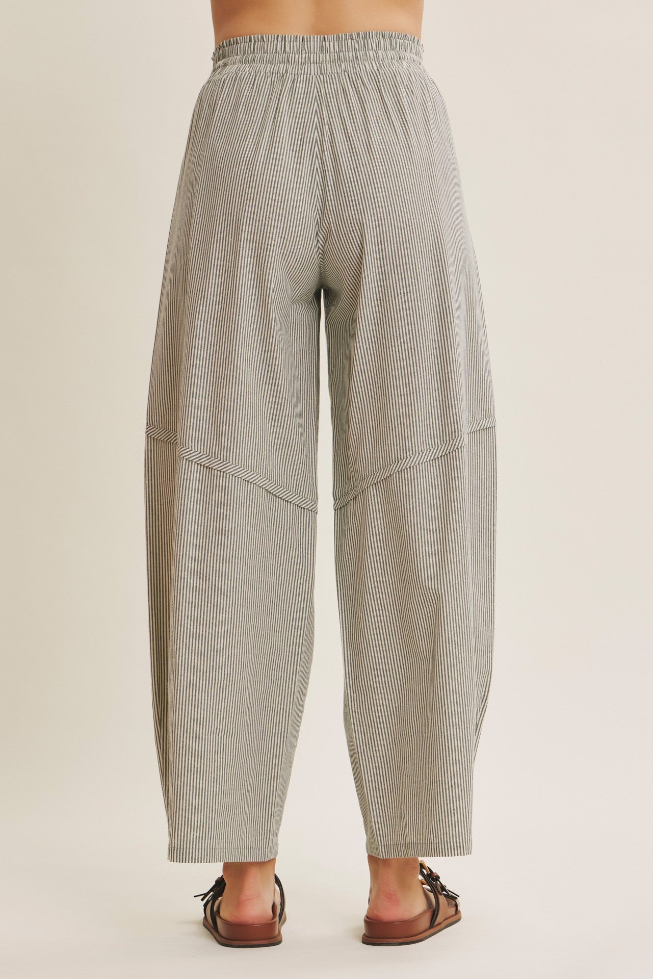 Olive Green Striped Cotton Barrel Leg Pants