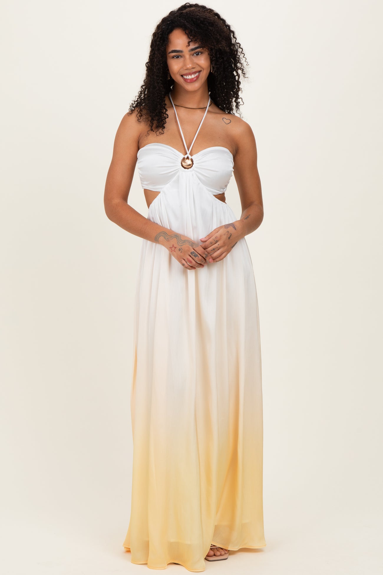 Yellow Ombre Satin Halter Cutout Maxi Dress