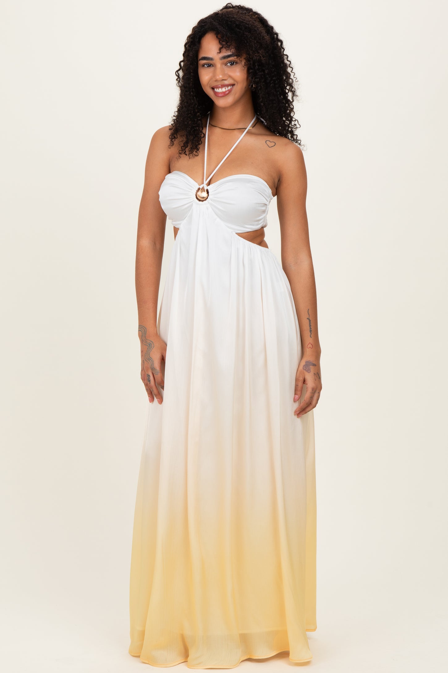 Yellow Ombre Satin Halter Cutout Maxi Dress