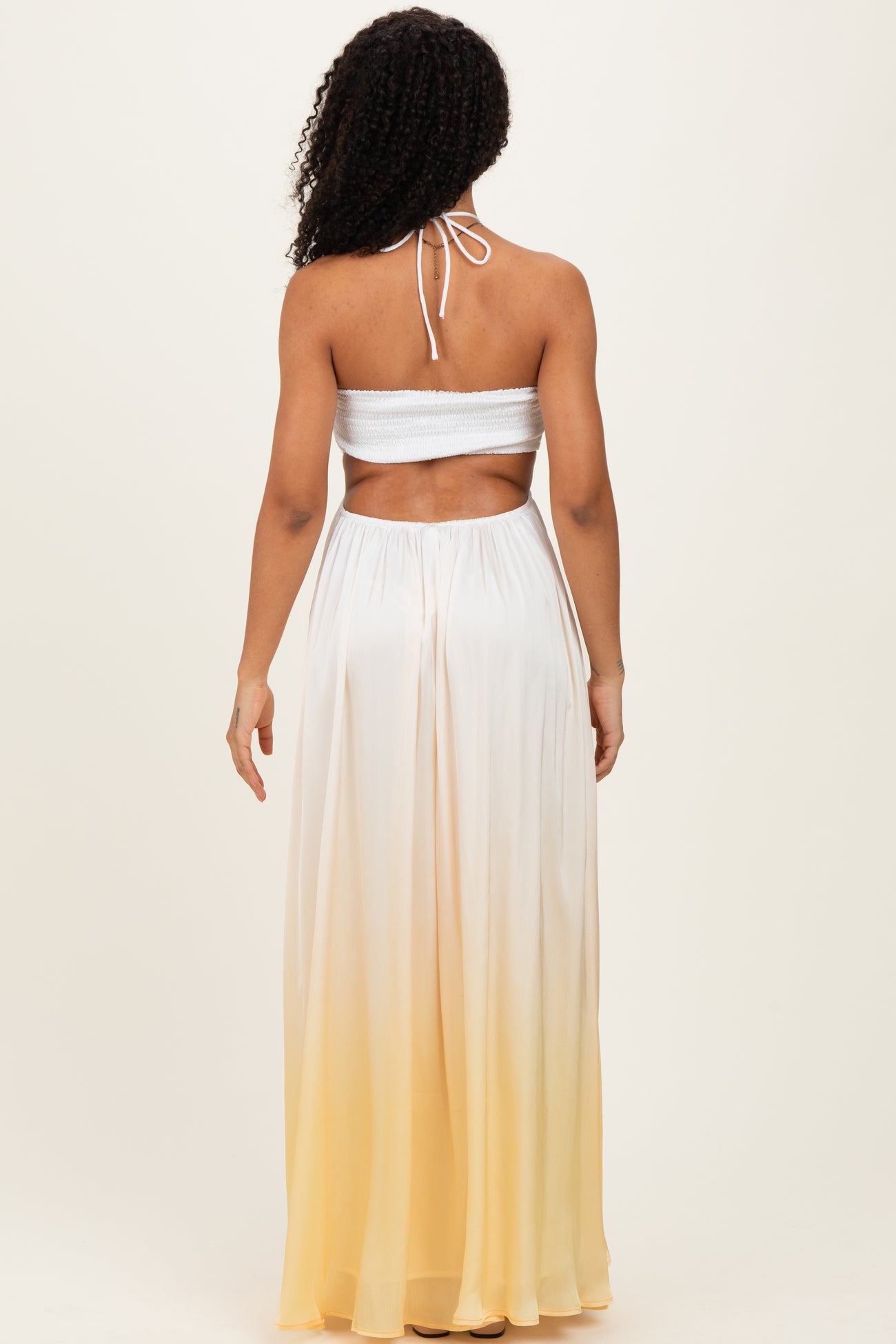 Yellow Ombre Satin Halter Cutout Maxi Dress