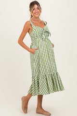 Green Gingham Front Tie Halter Maternity Midi Dress