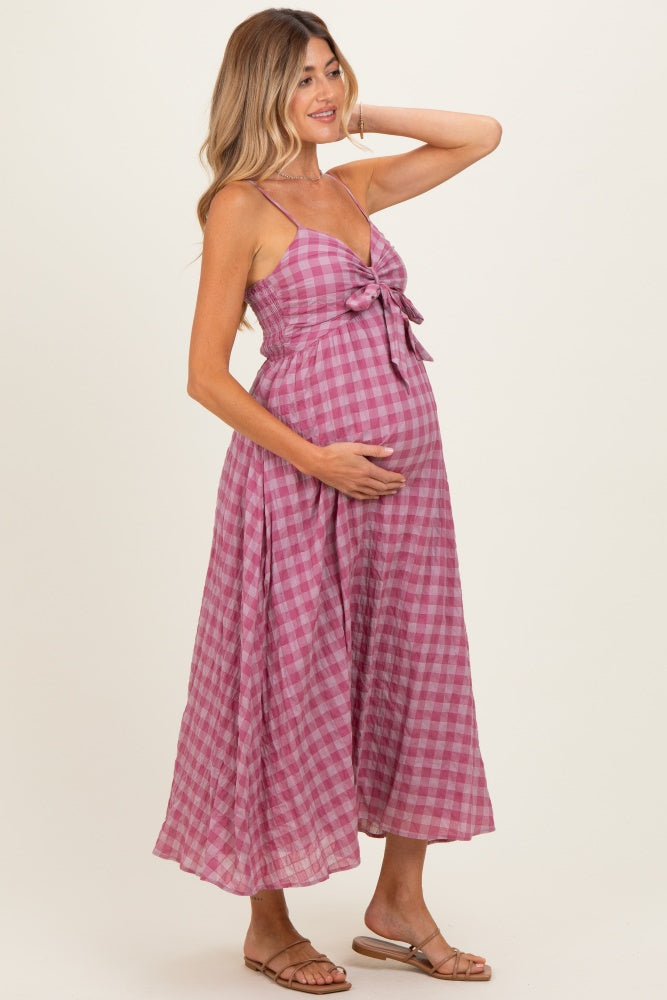 Pink Plaid Front Tie Sleeveless Maternity Maxi Dress