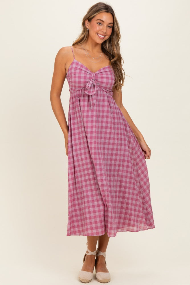 Pink Plaid Front Tie Sleeveless Maternity Maxi Dress