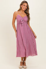 Pink Plaid Front Tie Sleeveless Maternity Maxi Dress