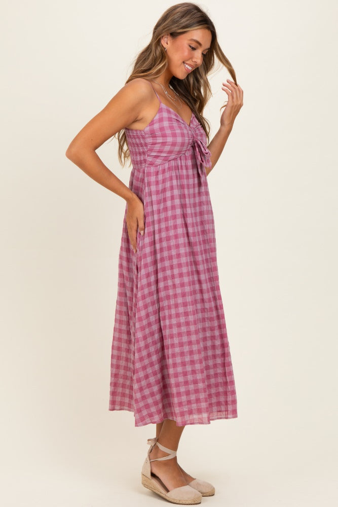 Pink Plaid Front Tie Sleeveless Maxi Dress