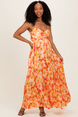 Orange Floral Pleated Sleeveless Maternity Maxi Dress