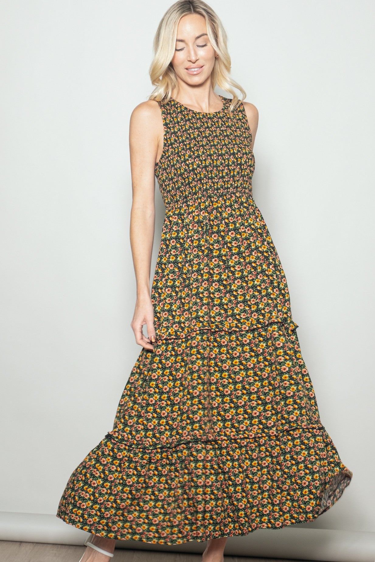 Multicolor Floral Smocked Sleeveless Tiered Maxi Dress