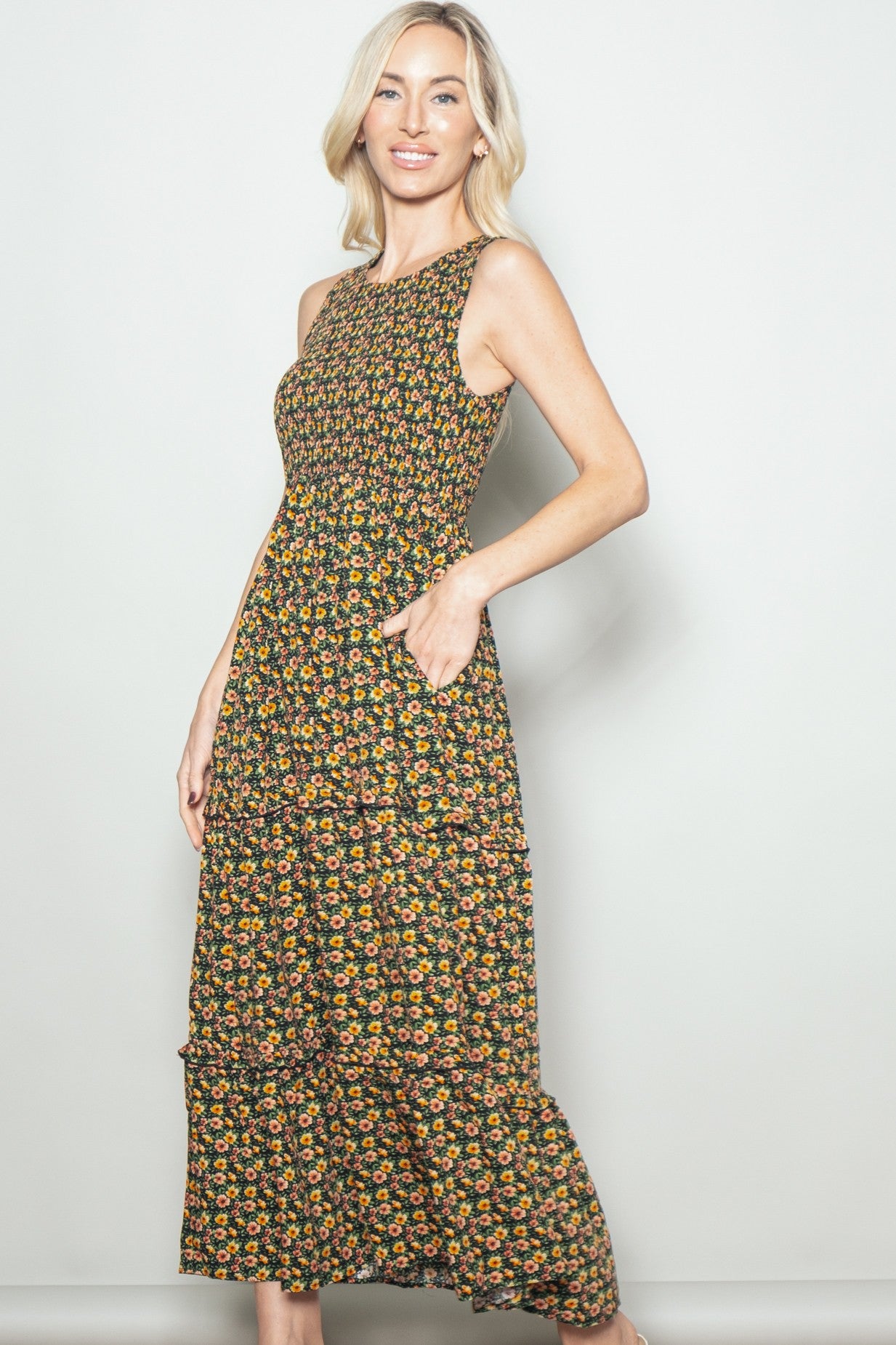 Multicolor Floral Smocked Sleeveless Tiered Maternity Maxi Dress