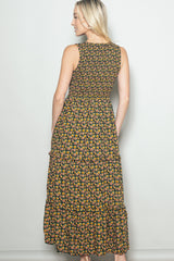 Multicolor Floral Smocked Sleeveless Tiered Maxi Dress