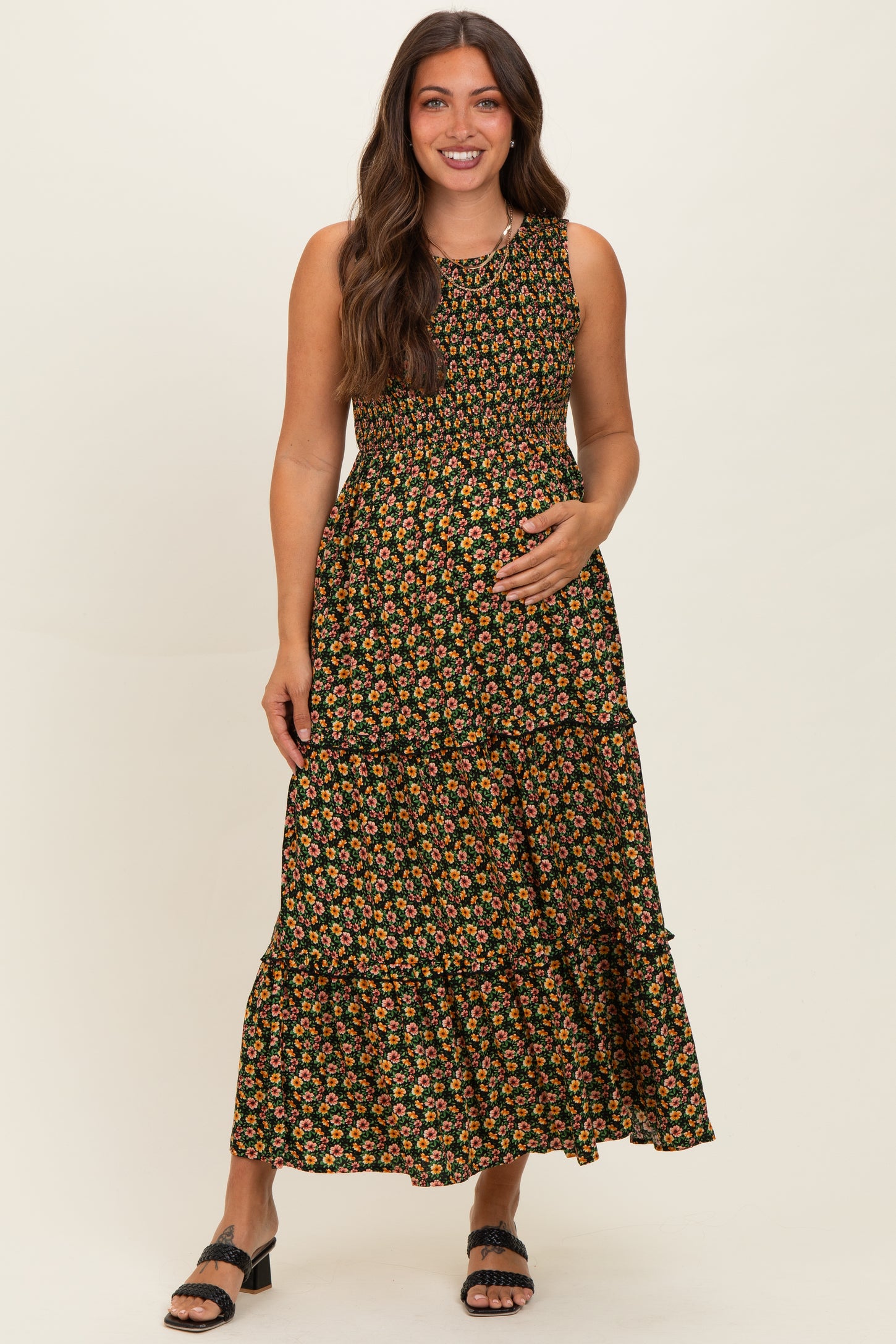 Multicolor Floral Smocked Sleeveless Tiered Maternity Maxi Dress