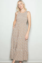 Beige Floral Smocked Sleeveless Tiered Maternity Maxi Dress