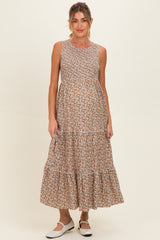 Beige Floral Smocked Sleeveless Tiered Maternity Maxi Dress
