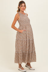 Beige Floral Smocked Sleeveless Tiered Maternity Maxi Dress