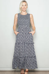 Black Floral Smocked Sleeveless Tiered Maternity Maxi Dress