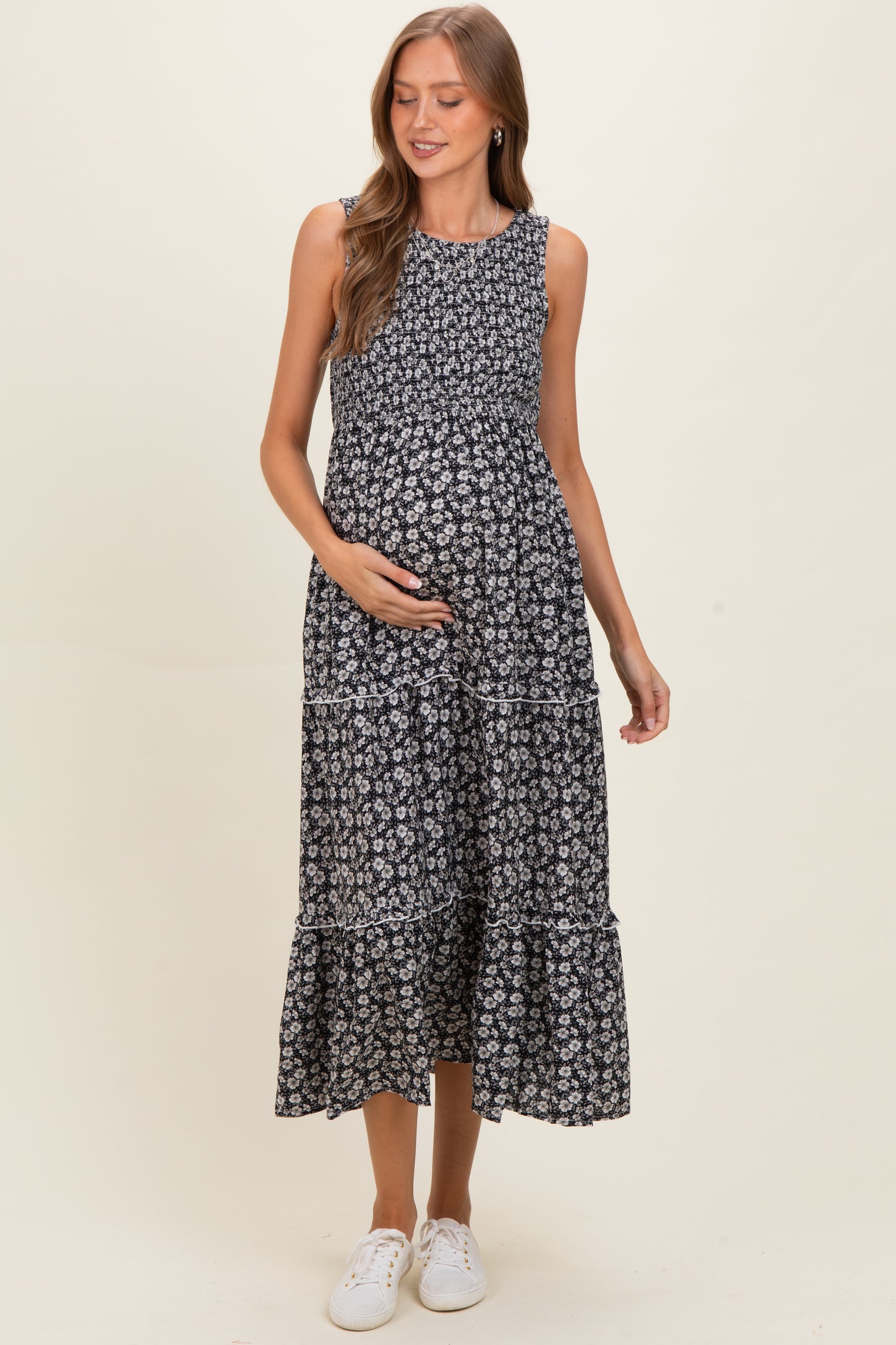 Black Floral Smocked Sleeveless Tiered Maternity Maxi Dress