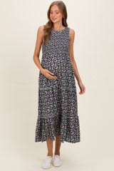Black Floral Smocked Sleeveless Tiered Maternity Maxi Dress